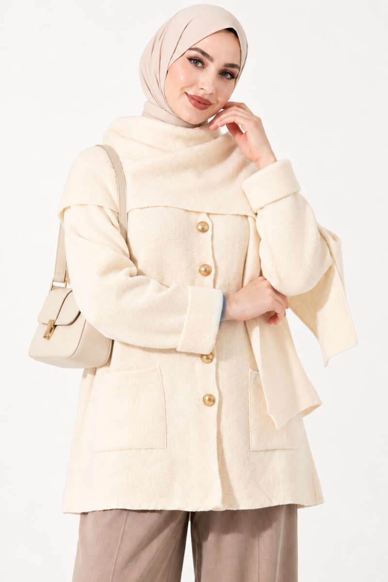 Button Knit Cardigan with Scarf - Stone