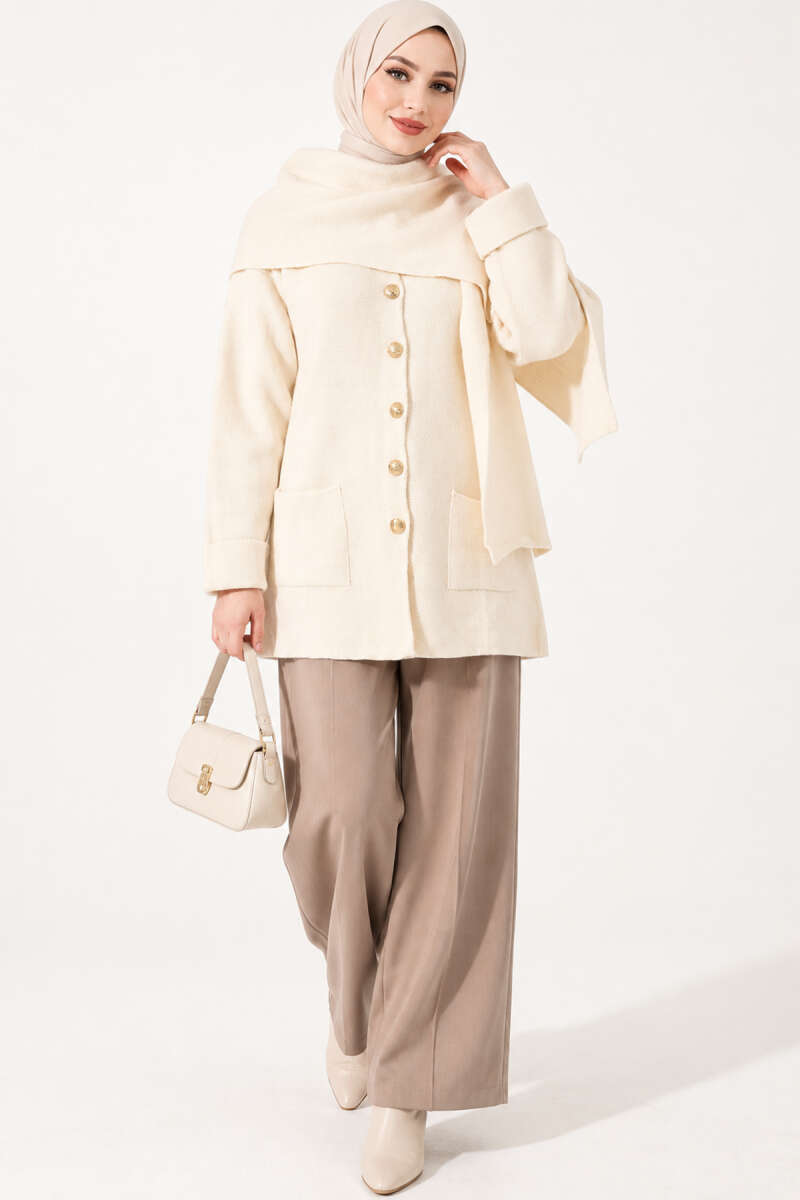 Button Knit Cardigan with Scarf - Stone