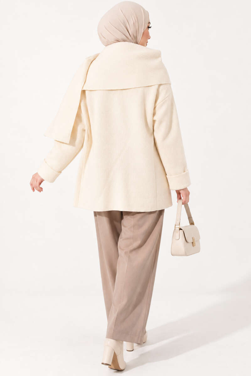 Button Knit Cardigan with Scarf - Stone