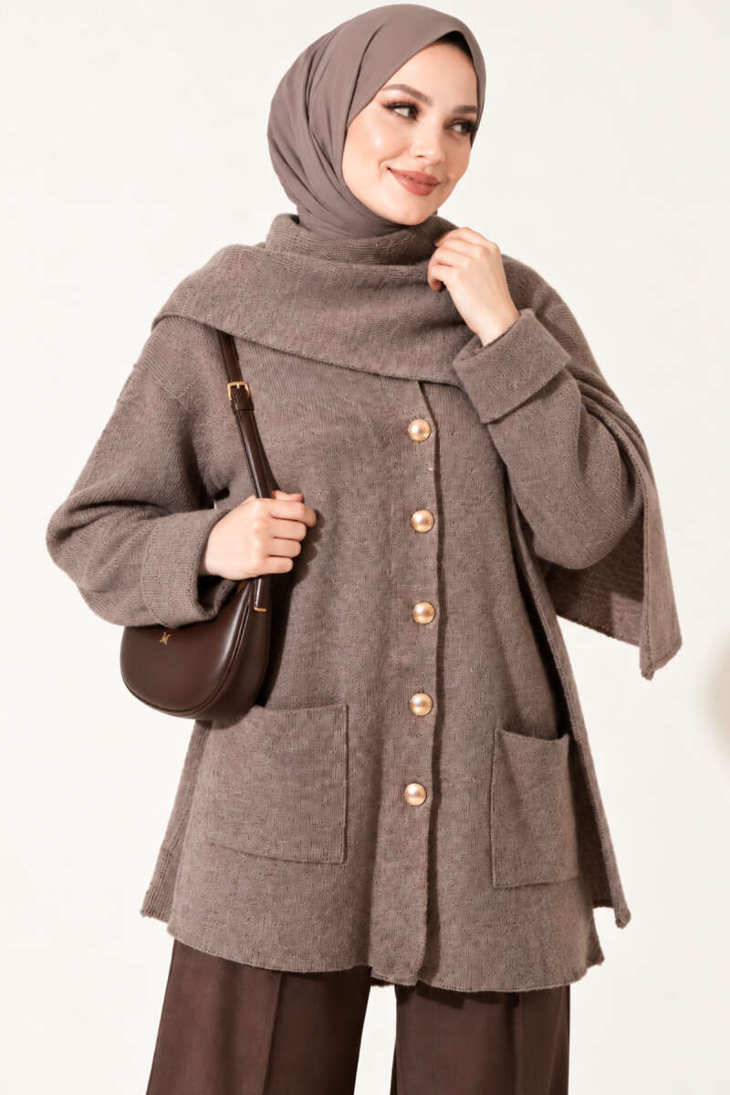 Button Knit Cardigan with Scarf - Mink
