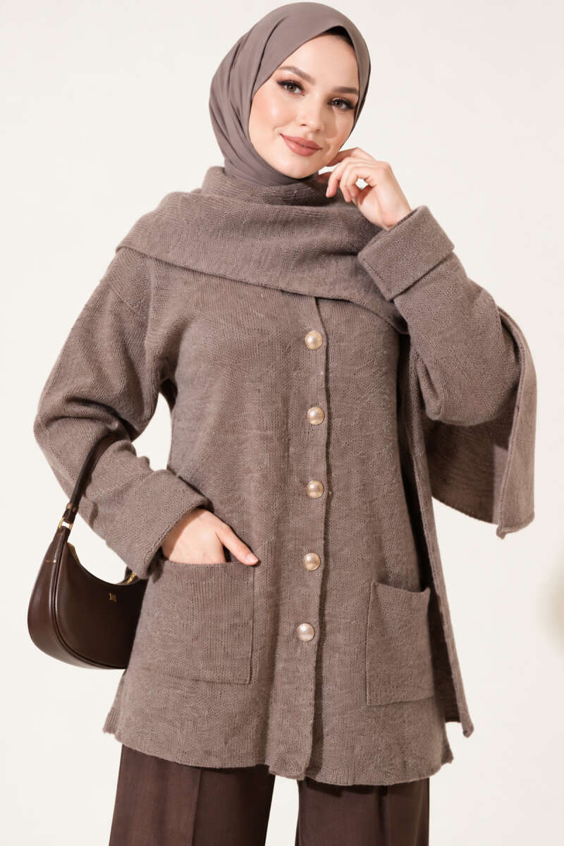 Button Knit Cardigan with Scarf - Mink