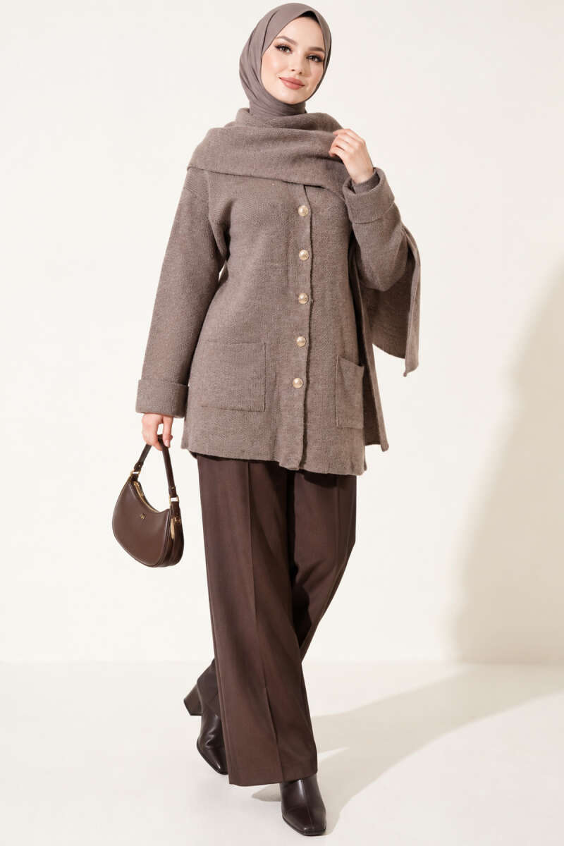Button Knit Cardigan with Scarf - Mink