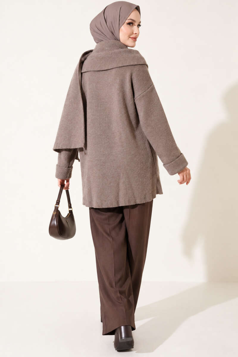 Button Knit Cardigan with Scarf - Mink