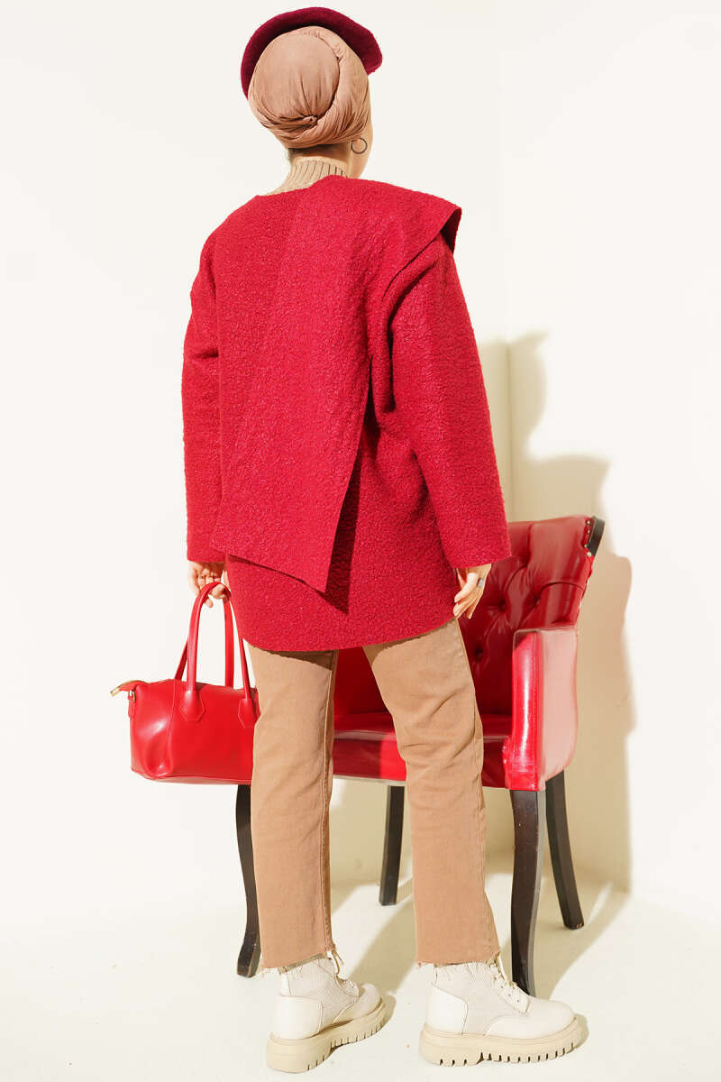 Bouclé Jacket with Scarf - Red