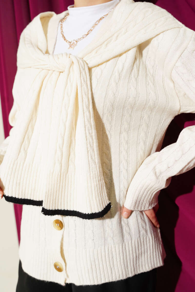 Short Cable-Knit Cardigan with Scarf - Ecru