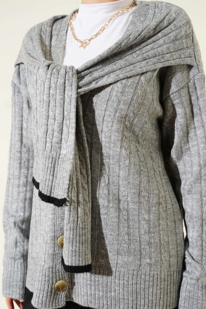 Short Cable-Knit Cardigan with Scarf - Grey