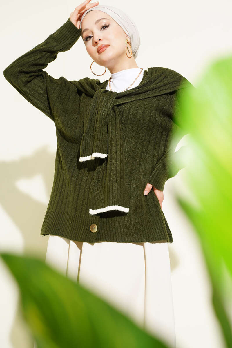 Short Cable-Knit Cardigan with Scarf - Khaki
