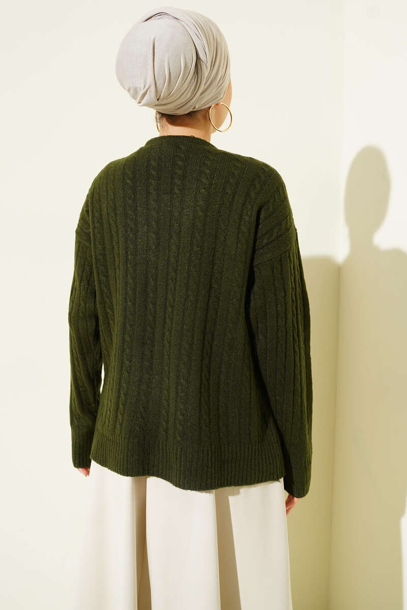 Short Cable-Knit Cardigan with Scarf - Khaki