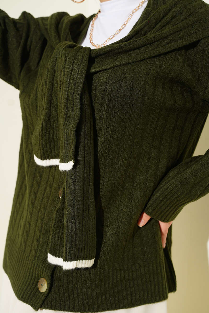 Short Cable-Knit Cardigan with Scarf - Khaki