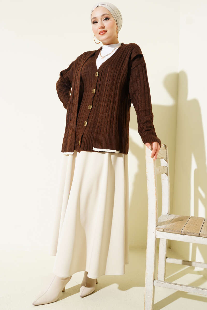 Short Cable-Knit Cardigan with Scarf - Brown