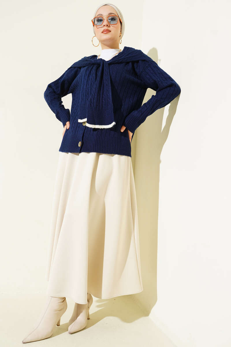 Short Cable-Knit Cardigan with Scarf - Navy