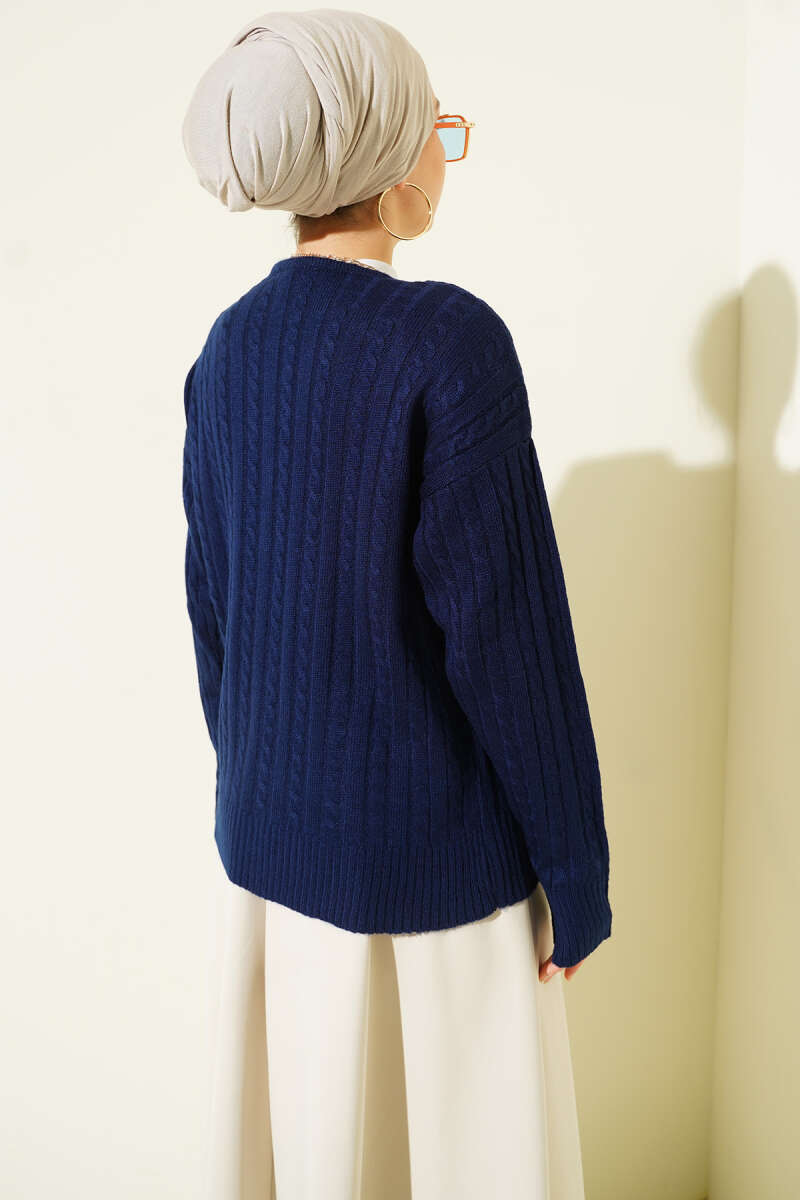 Short Cable-Knit Cardigan with Scarf - Navy
