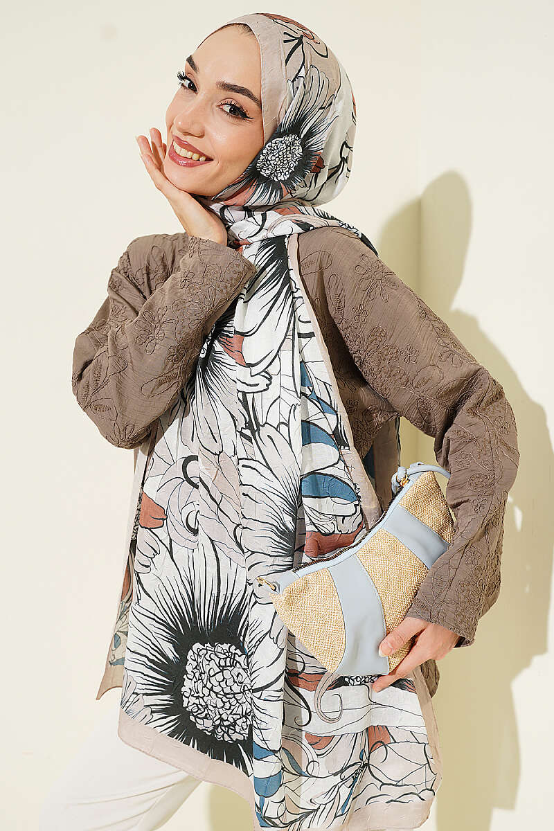 Sunflower Print Bamboo Crinkle Shawl - Beige