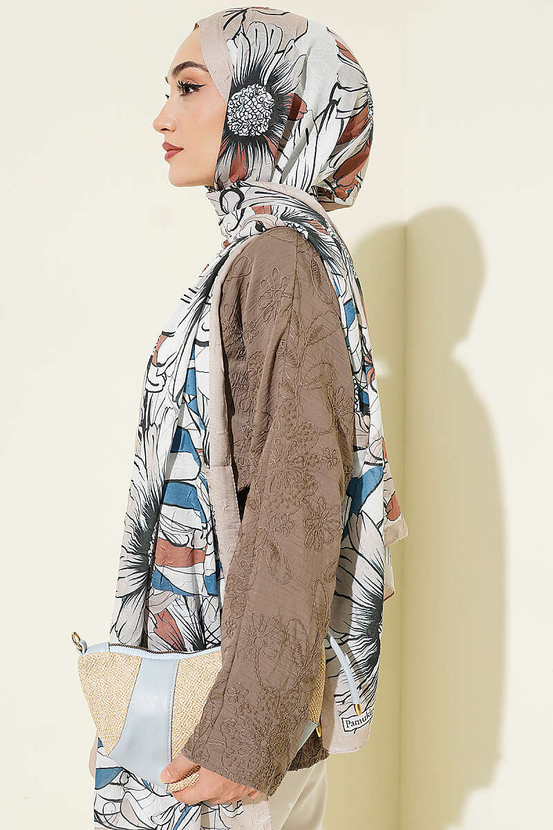 Sunflower Print Bamboo Crinkle Shawl - Beige