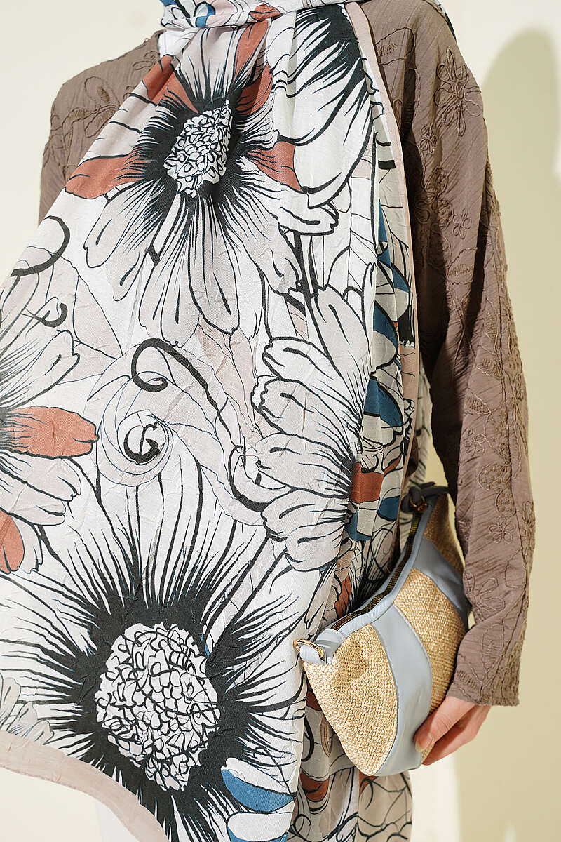 Sunflower Print Bamboo Crinkle Shawl - Beige