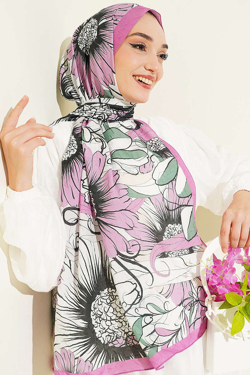 Sunflower Print Bamboo Crinkle Shawl - Fuchsia