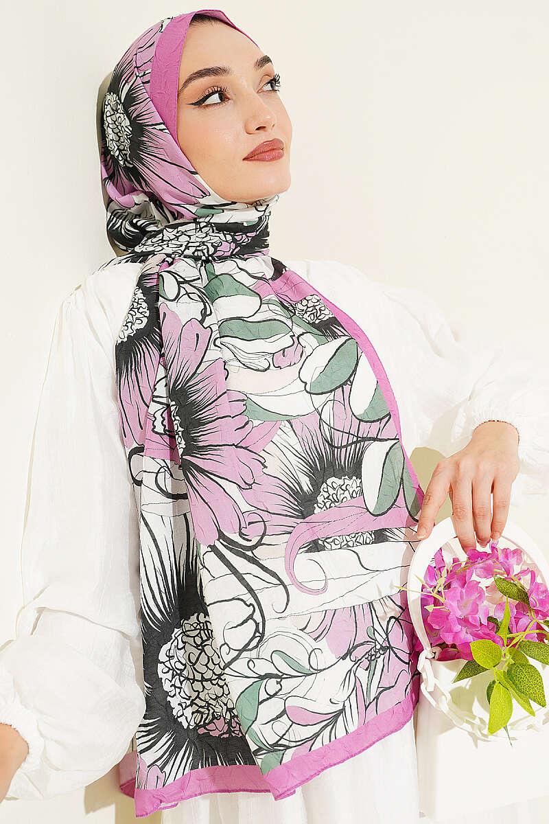 Sunflower Print Bamboo Crinkle Shawl - Fuchsia