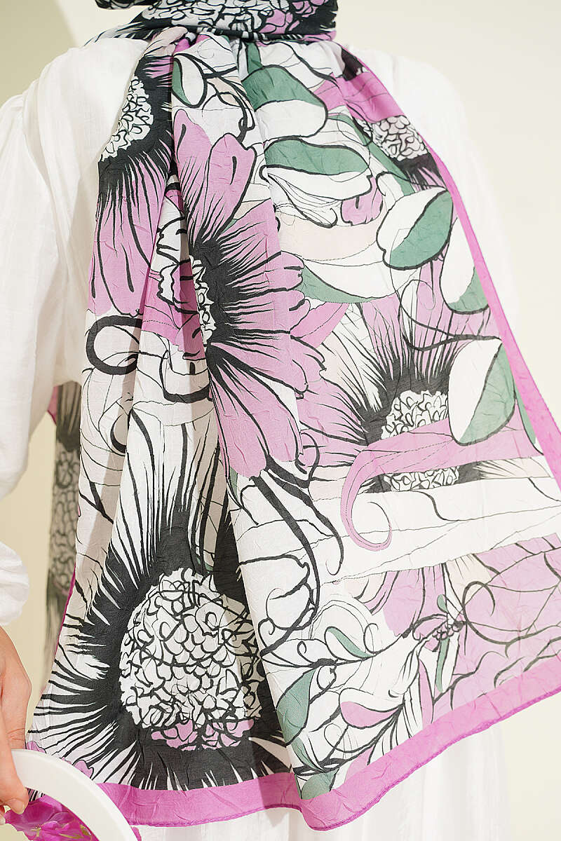 Sunflower Print Bamboo Crinkle Shawl - Fuchsia