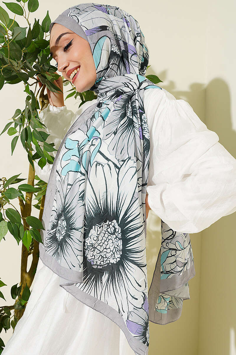Sunflower Print Bamboo Crinkle Shawl - Grey