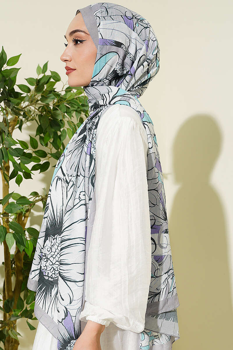 Sunflower Print Bamboo Crinkle Shawl - Grey