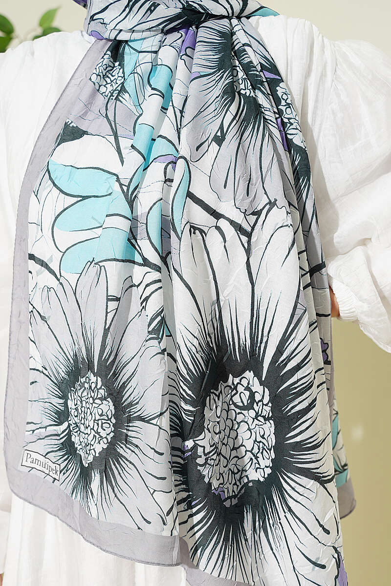 Sunflower Print Bamboo Crinkle Shawl - Grey