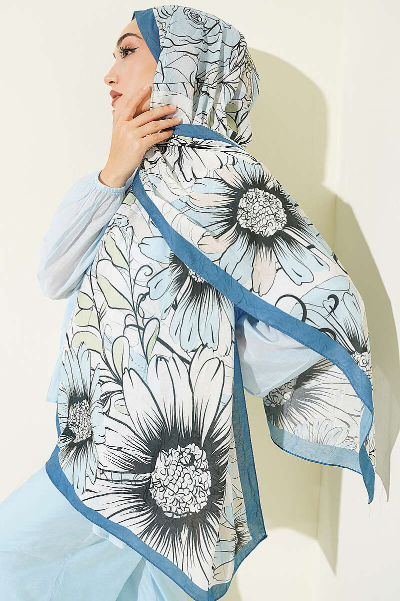 Sunflower Print Bamboo Crinkle Shawl - Indigo
