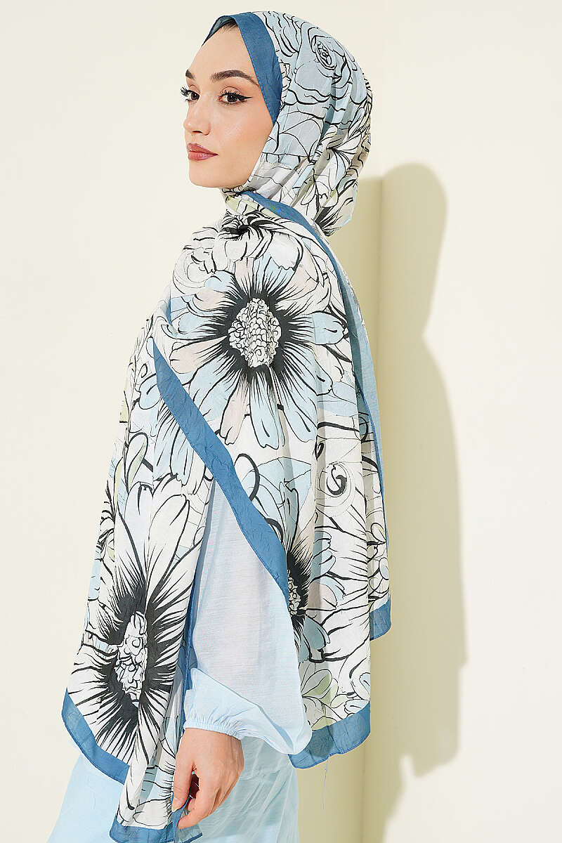 Sunflower Print Bamboo Crinkle Shawl - Indigo