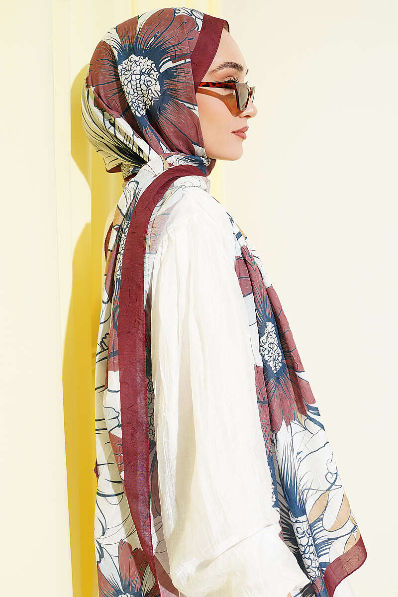 Sunflower Print Bamboo Crinkle Shawl - Brown