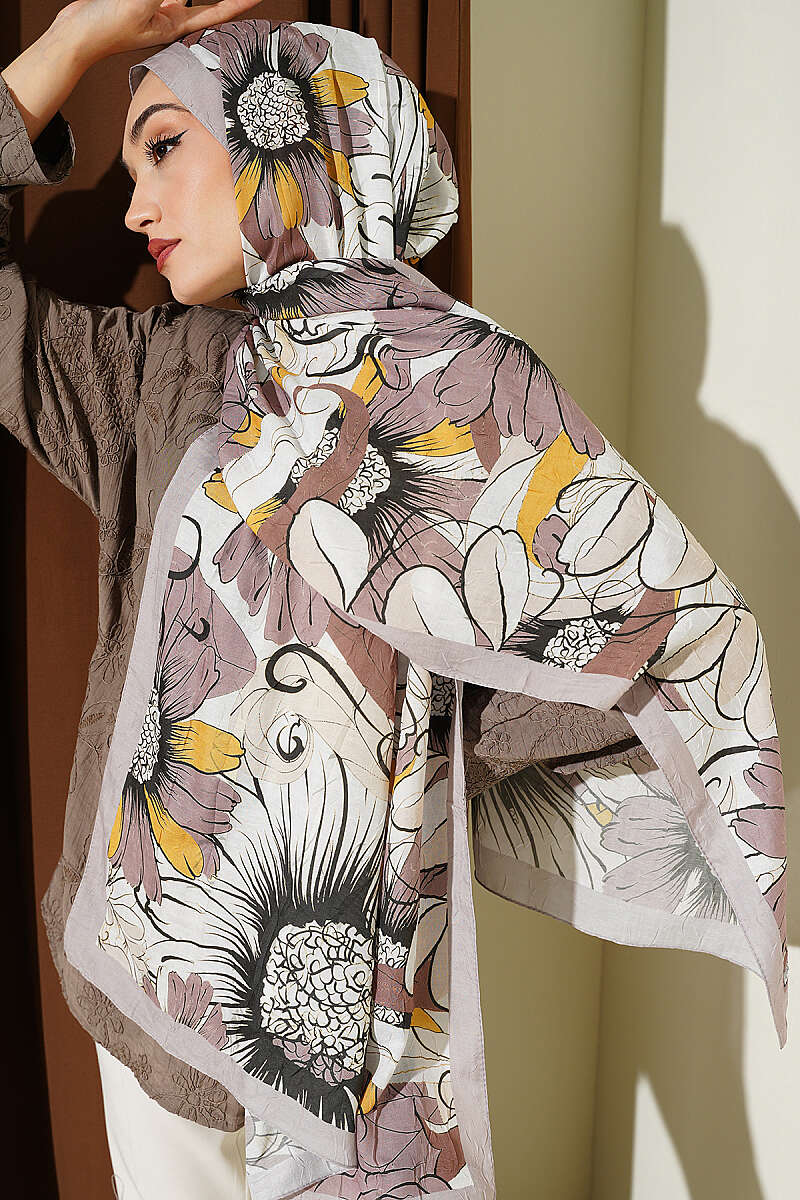 Sunflower Print Bamboo Crinkle Shawl - Sand