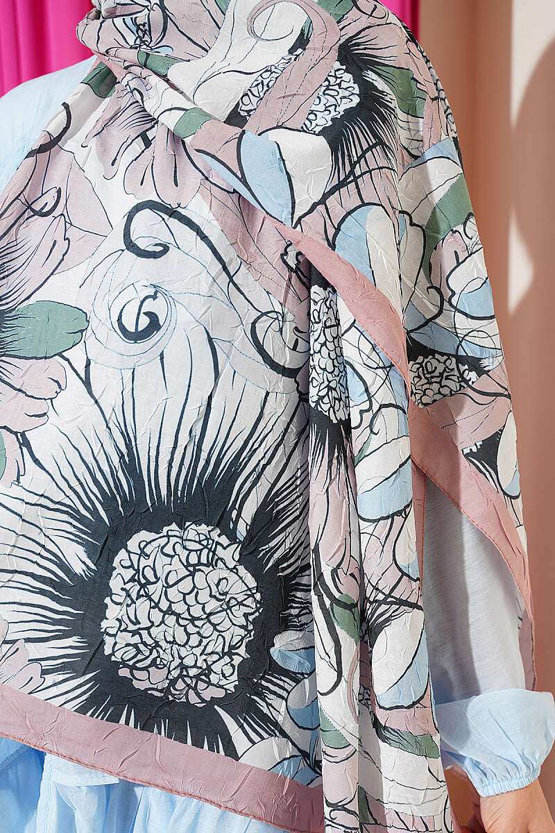 Sunflower Print Bamboo Crinkle Shawl - Latte