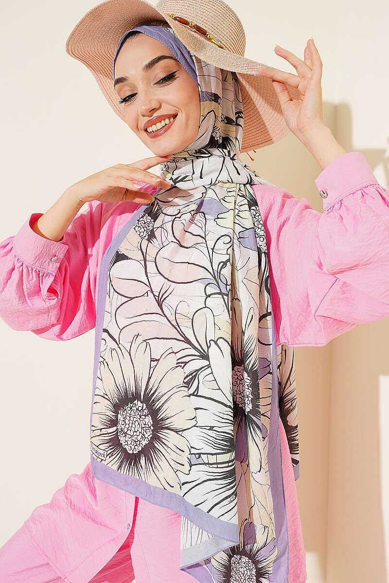Sunflower Print Bamboo Crinkle Shawl - Lilac