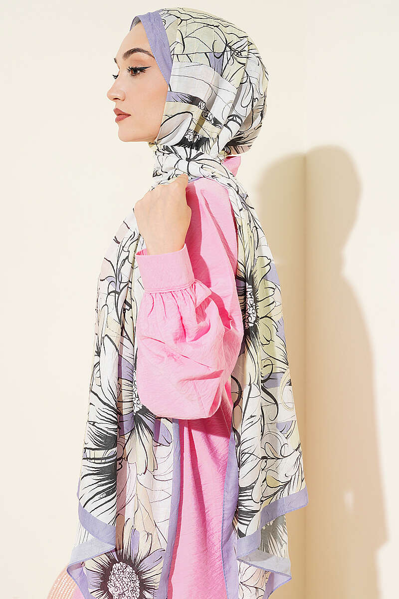 Sunflower Print Bamboo Crinkle Shawl - Lilac