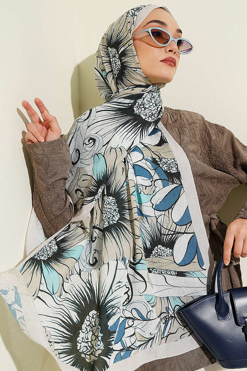Sunflower Print Bamboo Crinkle Shawl - Champagne