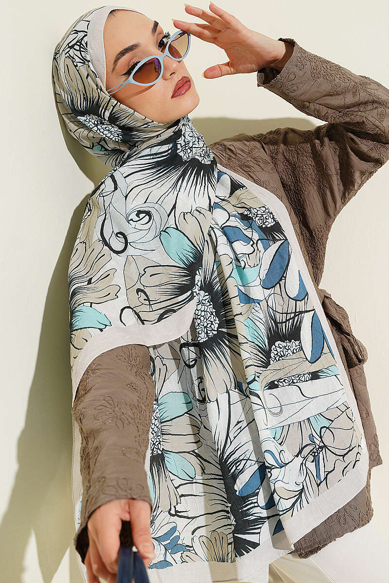 Sunflower Print Bamboo Crinkle Shawl - Champagne
