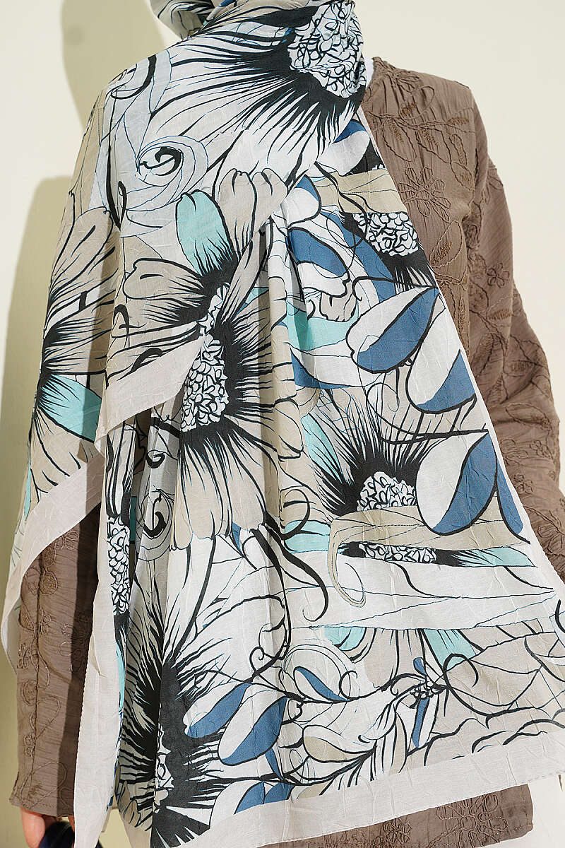 Sunflower Print Bamboo Crinkle Shawl - Champagne