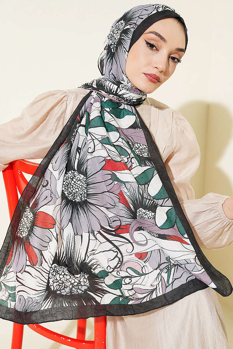 Sunflower Print Bamboo Crinkle Shawl - Black