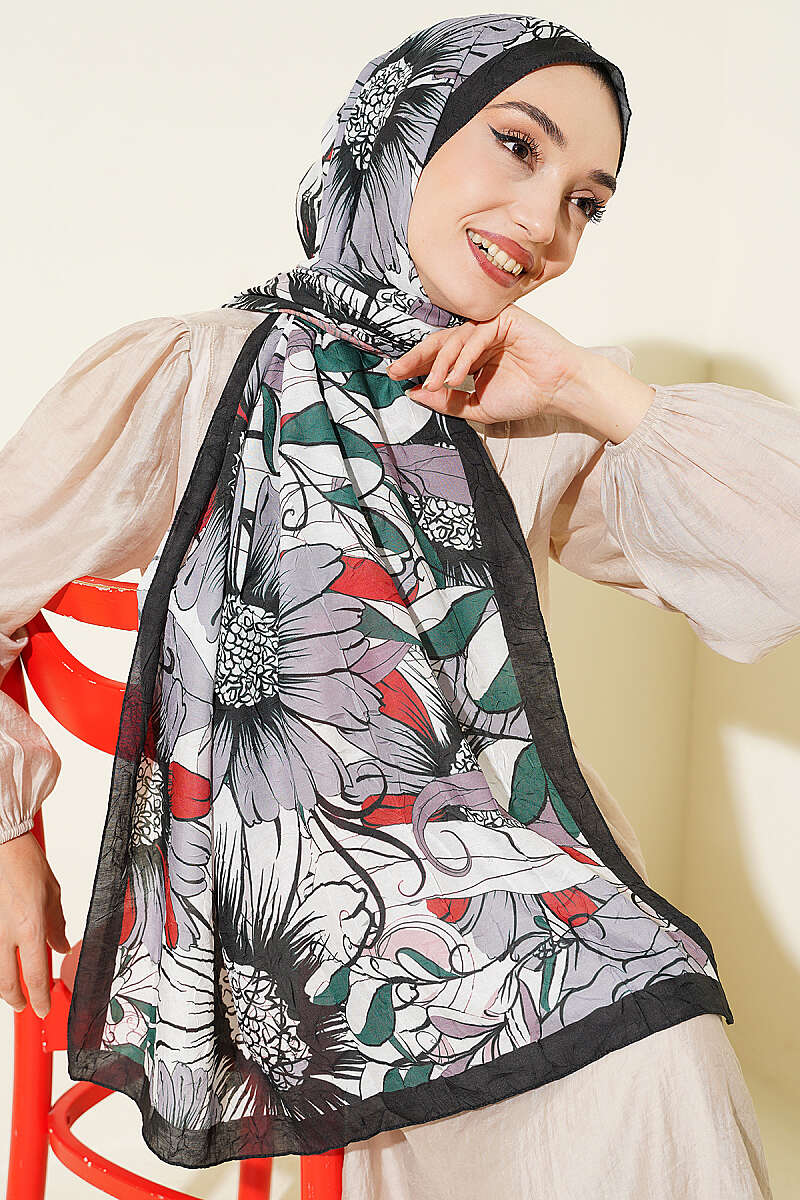Sunflower Print Bamboo Crinkle Shawl - Black