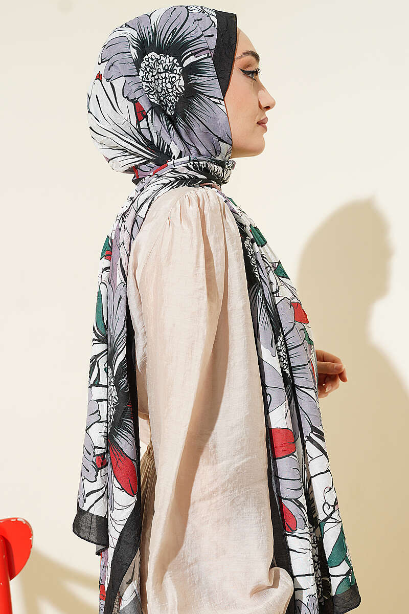 Sunflower Print Bamboo Crinkle Shawl - Black