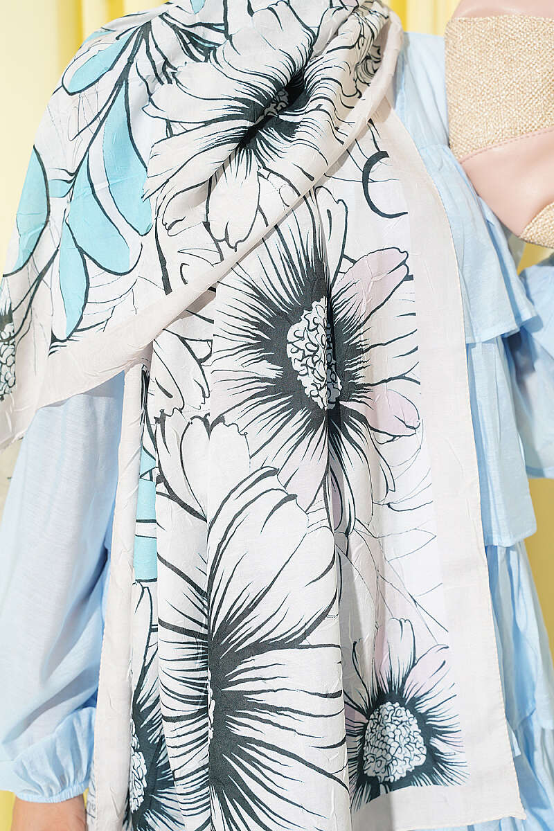 Sunflower Print Bamboo Crinkle Shawl - Stone