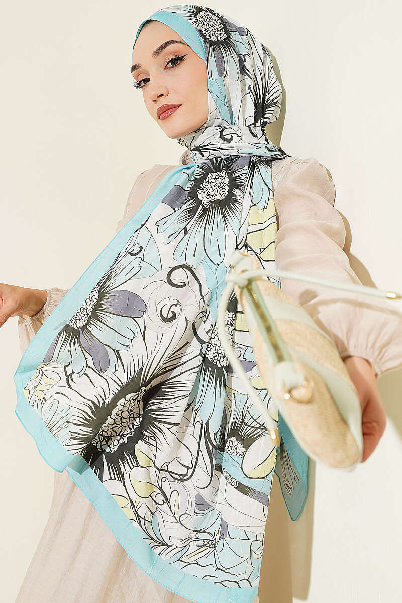 Sunflower Print Bamboo Crinkle Shawl - Turquoise