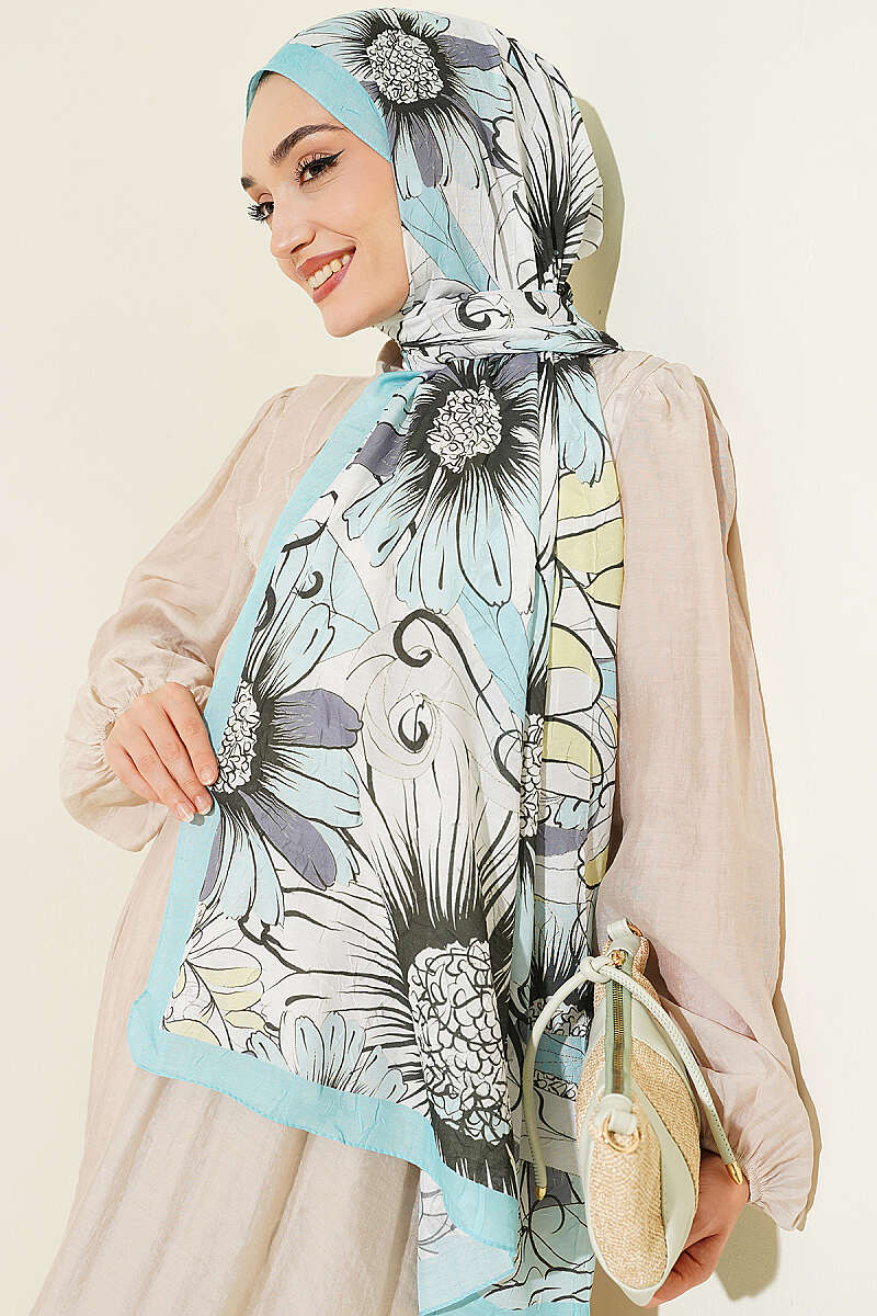 Sunflower Print Bamboo Crinkle Shawl - Turquoise