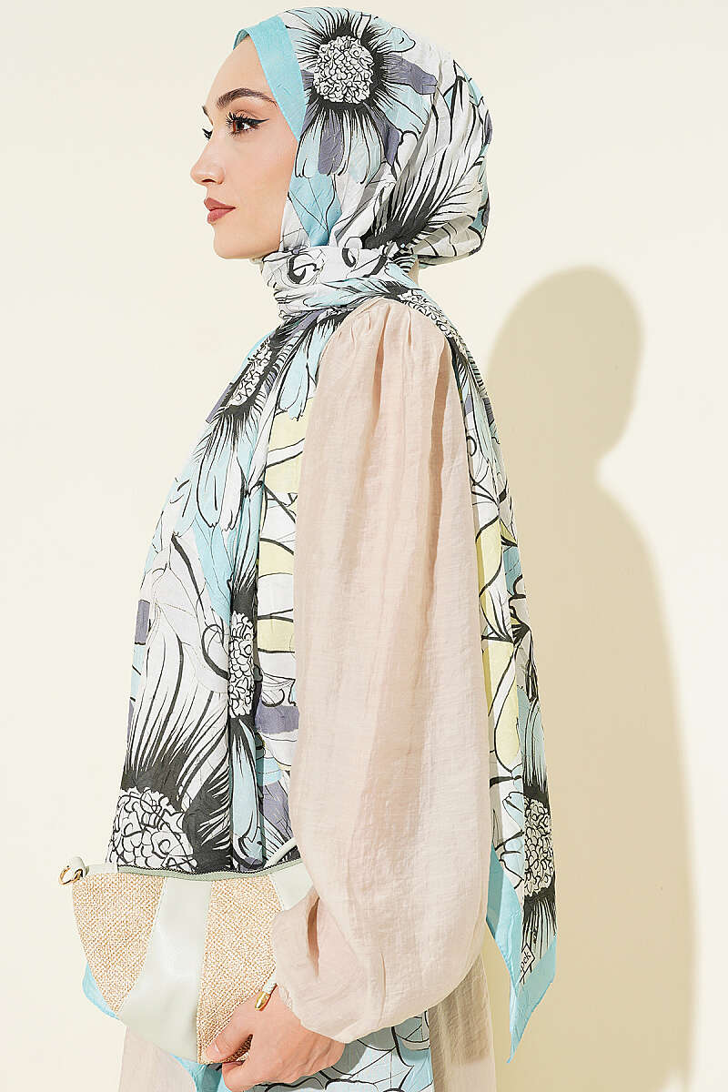 Sunflower Print Bamboo Crinkle Shawl - Turquoise