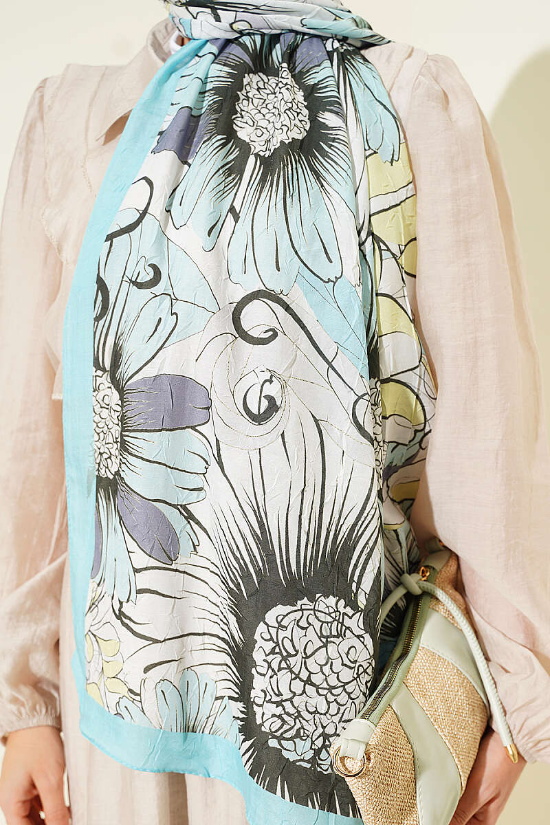 Sunflower Print Bamboo Crinkle Shawl - Turquoise
