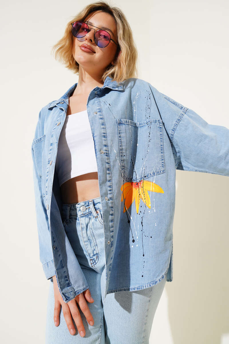 Sunflower Print Denim Shirt - Blue