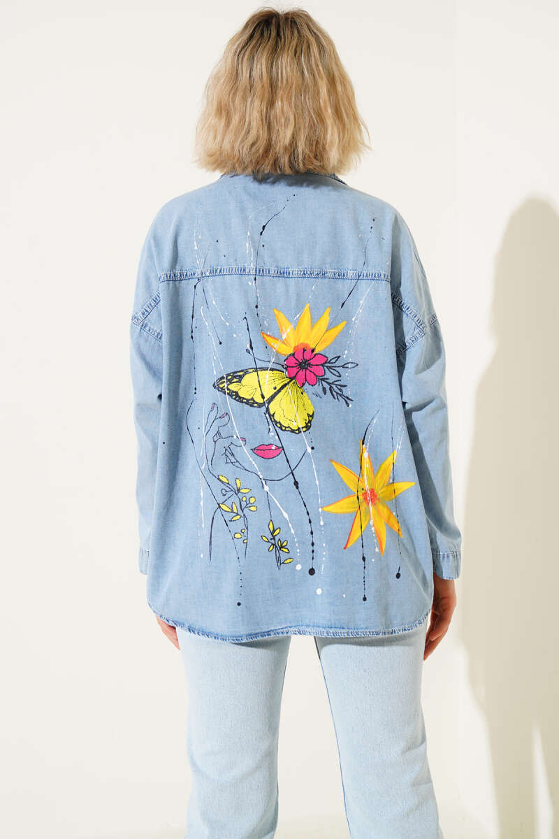 Sunflower Print Denim Shirt - Blue