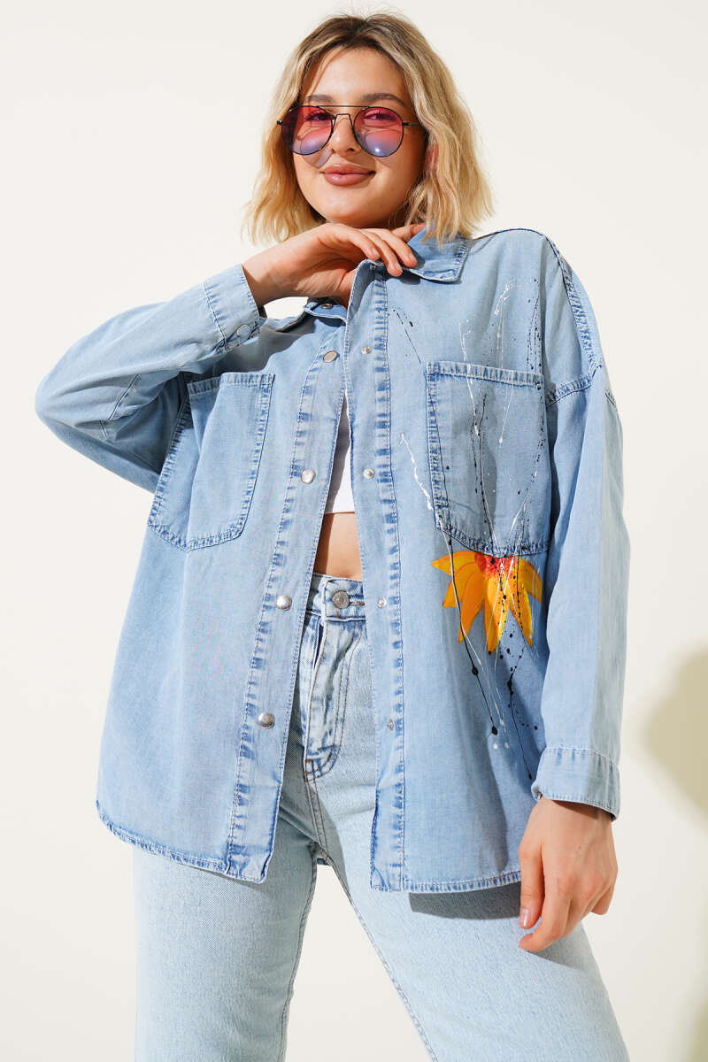 Sunflower Print Denim Shirt - Blue