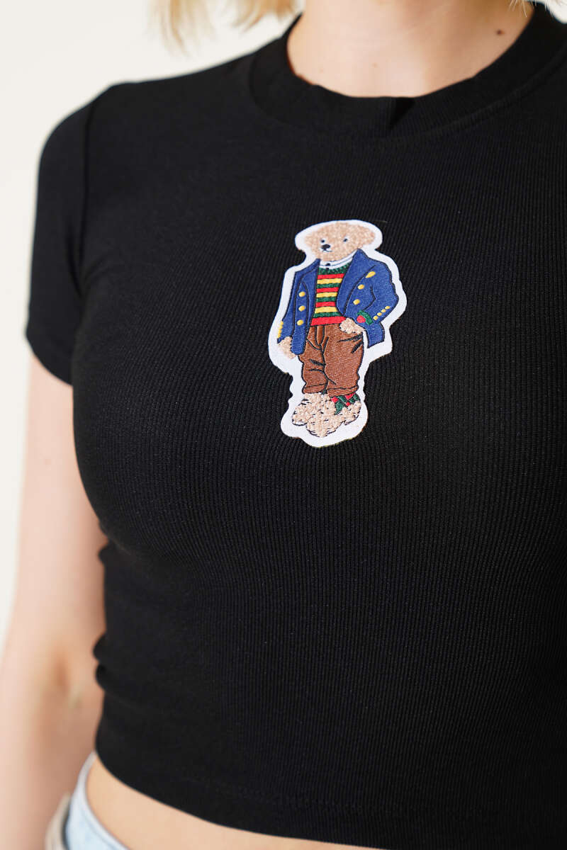 Bear Print Crop Top - Black