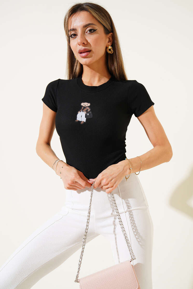Bear Embroidered Ribbed Crop Top - Black