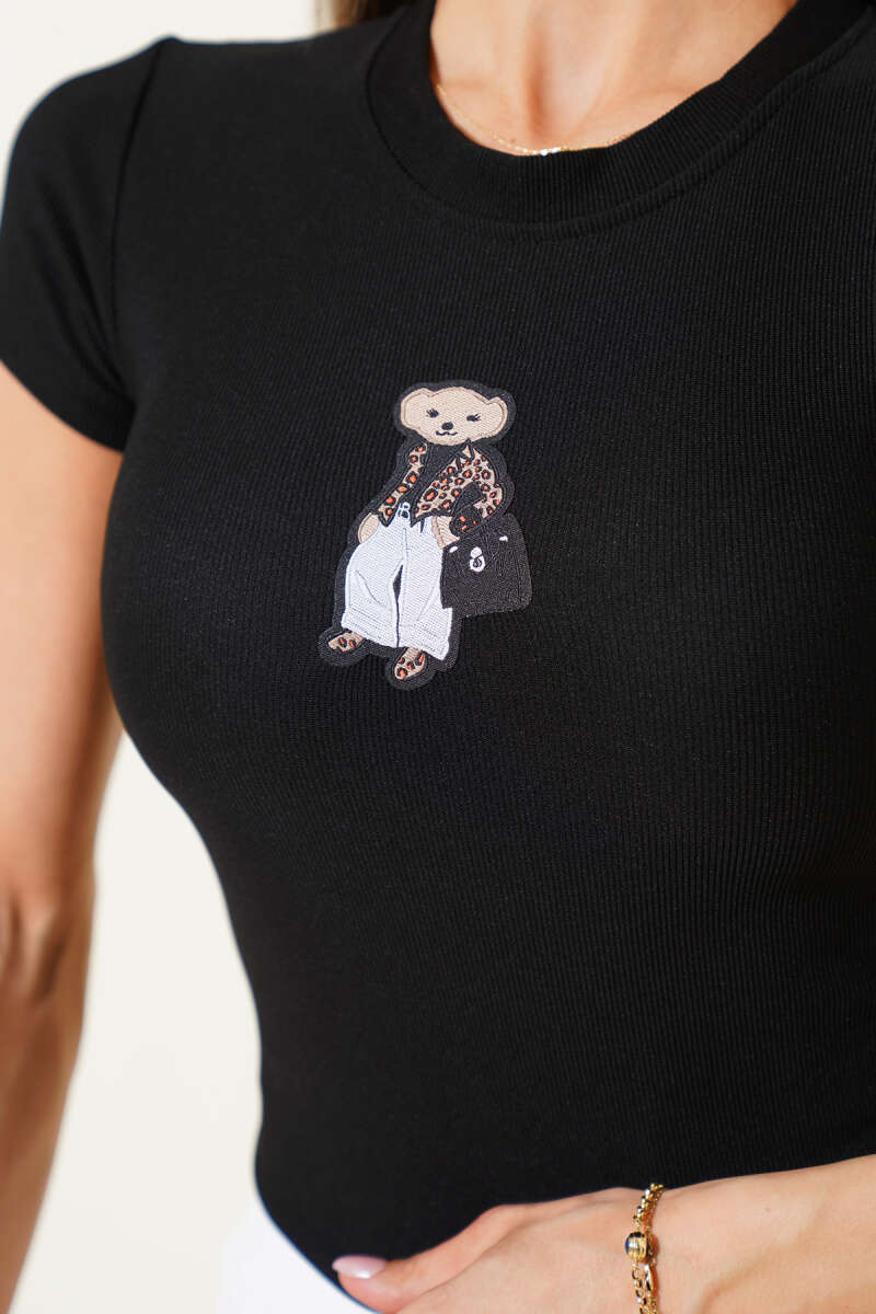 Bear Embroidered Ribbed Crop Top - Black