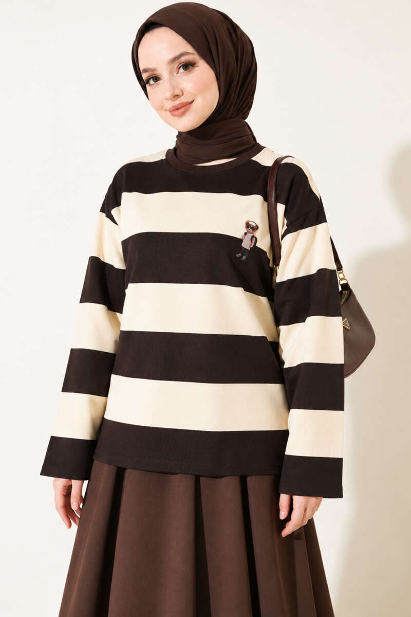 Striped Tunic with Teddy Print - Dark Brown